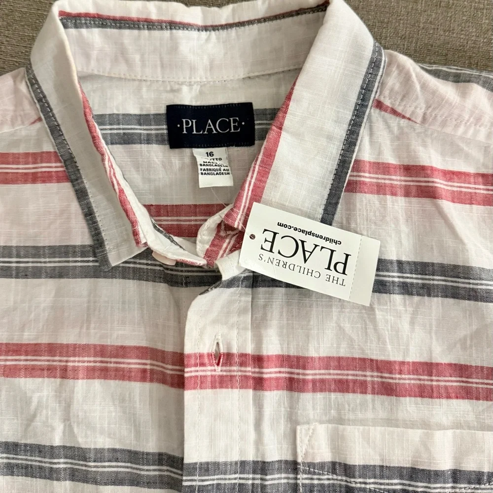 The‎ Children's Place Red and Gray Striped Button Down Shirt NWT. Size 16.
